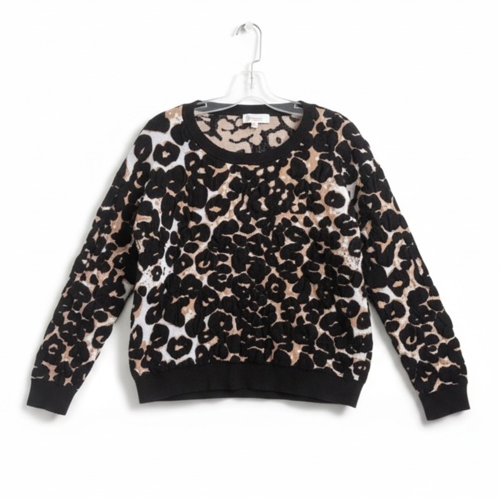 Vince Camuto Leopard Oversized Sweater Textured Animal Print Crew Top Neutral L - Picture 2 of 15